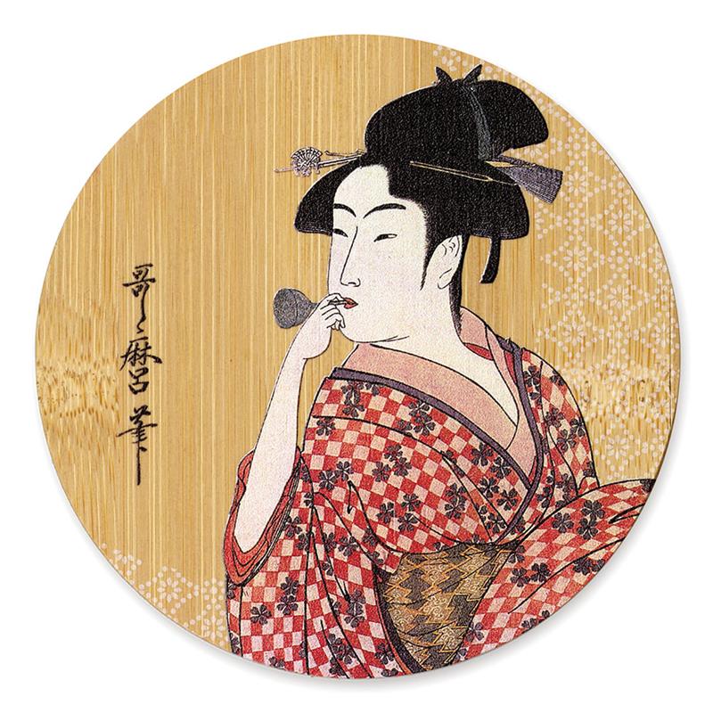 竹製コースター　喜多川歌麿　ポッピンを吹く娘