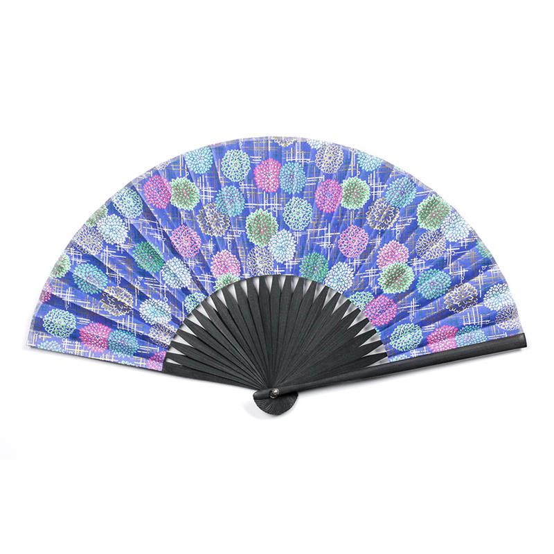 【アウトレット品】友禅紙扇子70型25間 菊花文様 青　同柄扇子袋付き 4059-1 【在庫限り】