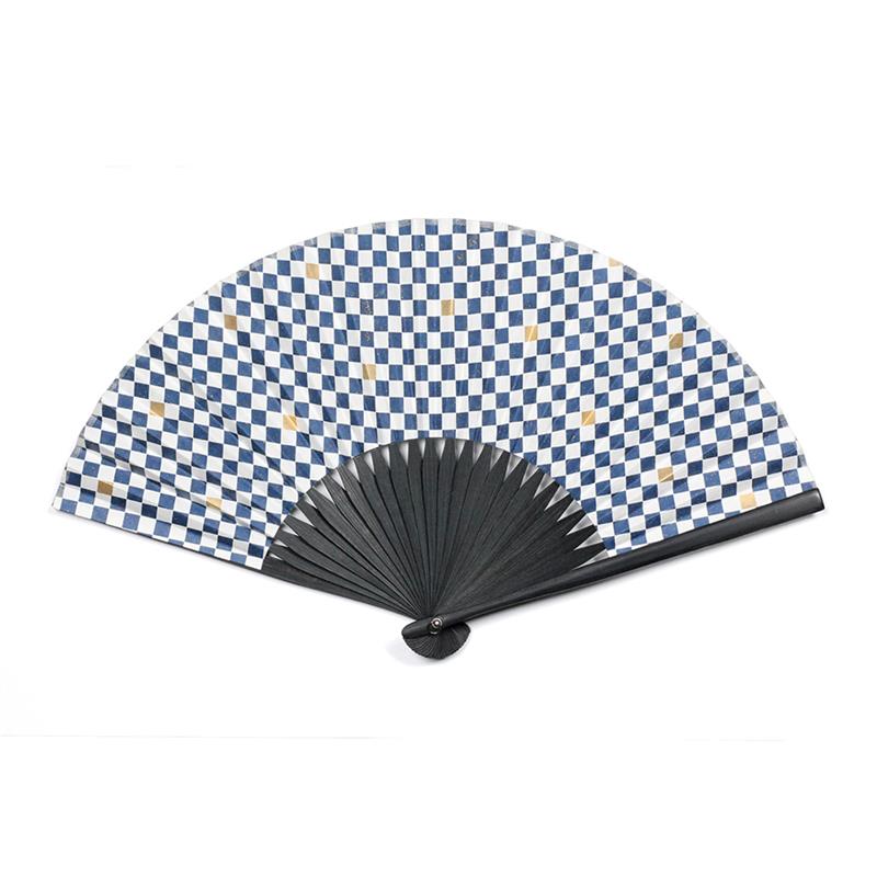 【アウトレット品】友禅紙扇子70型25間 市松文様 青　同柄扇子袋付き 4062-1 【在庫限り】