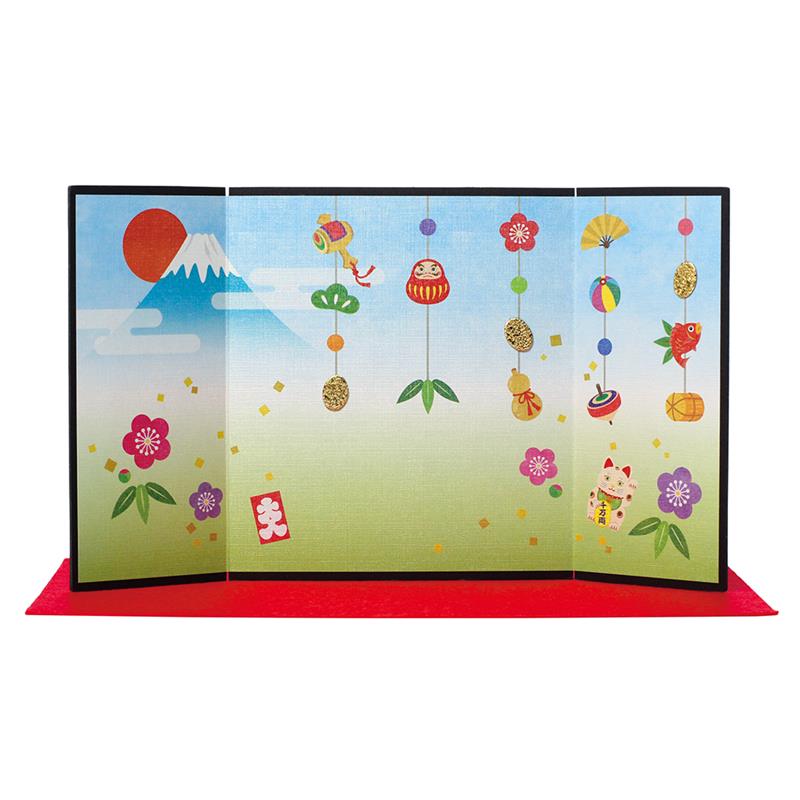 印刷三つ折り屏風 （緋毛氈付） 縁起尽くし | 谷口松雄堂