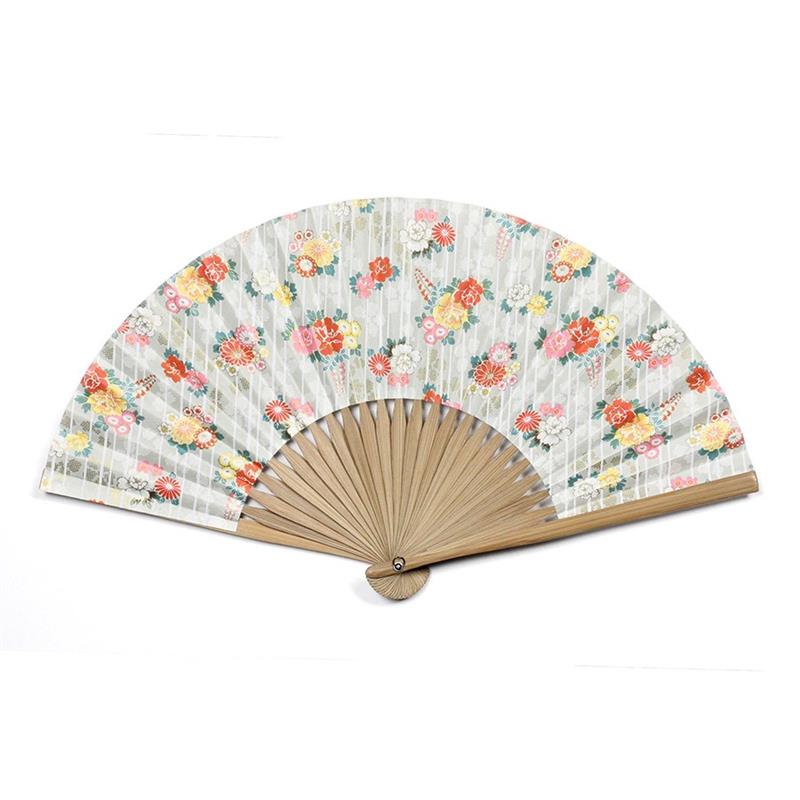 【アウトレット品】友禅紙扇子70型25間 立縞に牡丹 灰　同柄扇子袋付き 【在庫限り】