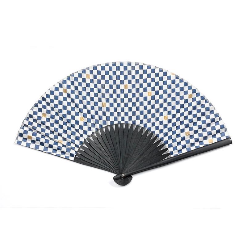 【アウトレット品】友禅紙扇子70型25間 市松文様 青　同柄扇子袋付き 【在庫限り】