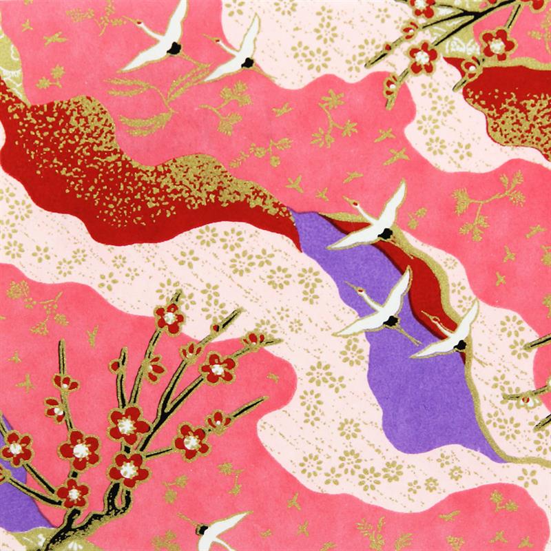 手染友禅紙(菊全判)1000×660 継ぎ紙に鶴と紅白梅 ピンク | わがみ小路