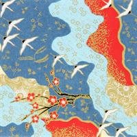 手染友禅紙(菊全判)1000×660 継ぎ紙に鶴と紅白梅 青